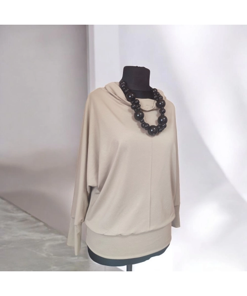 Jesienna bluzka KIMONO ze ściągaczami i z golfem - beżowa